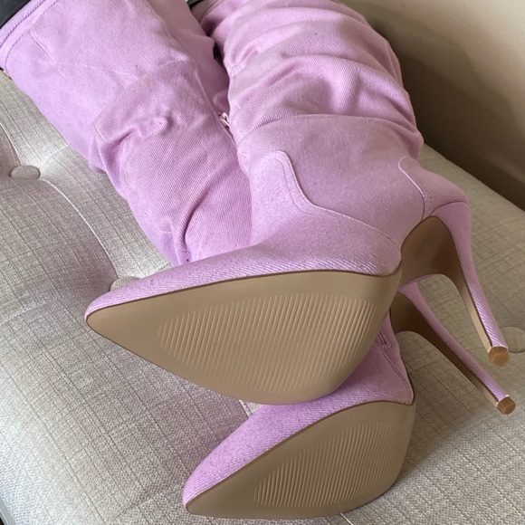 Heeled Buckled Pink Denim Boots - Picture 13 of 14